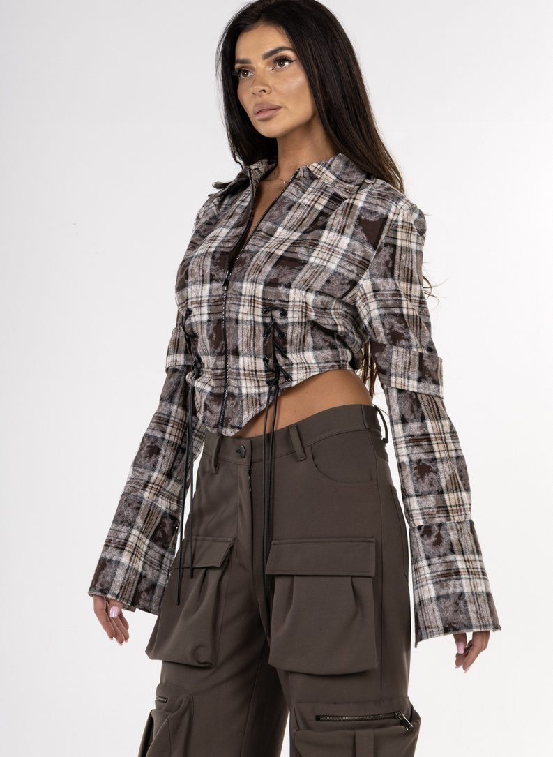 Dopasowana koszula w kratę URBAN BLOUSE brązowa
